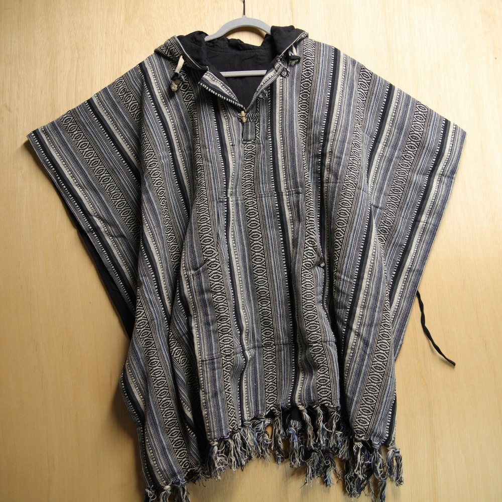 Reversible Hooded Poncho Woven Stripe Flower of Life Mandala Black Blue Handmade